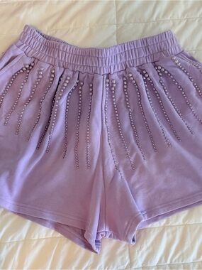 QUEEN OF SPARKLES Lavender Athletic Shorts with Bead Fringe